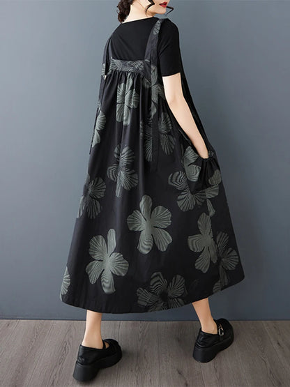 XITAO Print Straps Fold Flower A-line Dress Casual Sleeveless Mid-calf Square Neck Loose Simple Summer Women Dress GMM1327