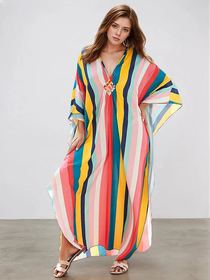 XITAO Contrast Color Striped A-line Dress Pullover Print V-neck Fashion Bat Wing Sleeve Summer Woman Ankle-length Dress GJ1177