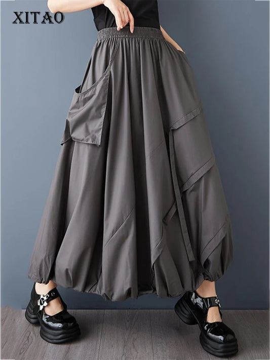 XITAO Bud Pocket Pleated Skirt Casual Loose Fitting Personality Elastic Waist Bubble Fashion New Loose Women Skirt ZMY1089