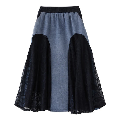 XITAO Lace Patchwork Contrast Color Skirt Pocket Elastic Waist Loose Casual Ankle-Length All Temperament Slimming Skirt HQQ2466
