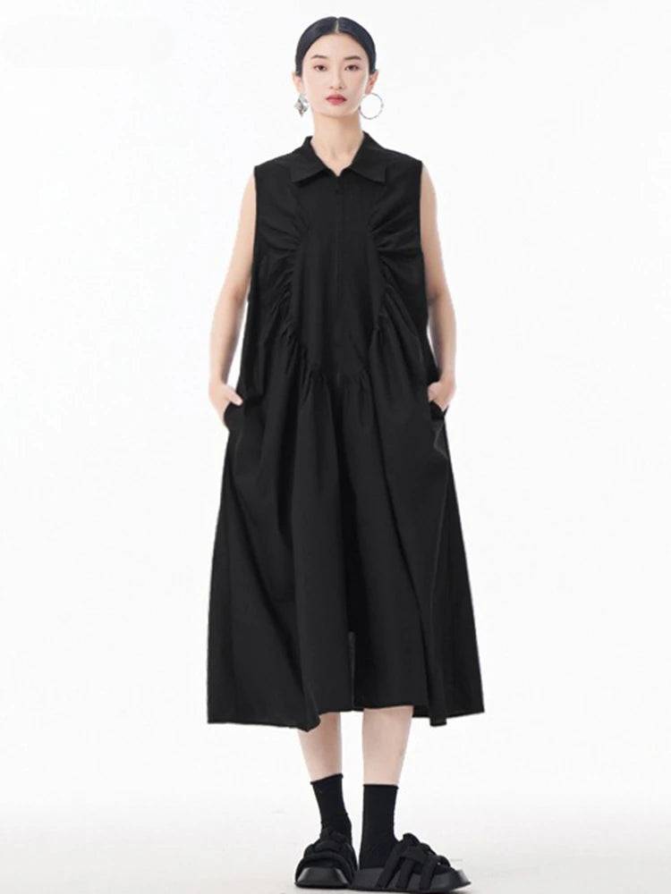 XITAO Pleated Zipper Turn-down Collar Dress Sleeveless A-line Patchwork Solid Color Simple Casual Summer Women Dress ZMY1051