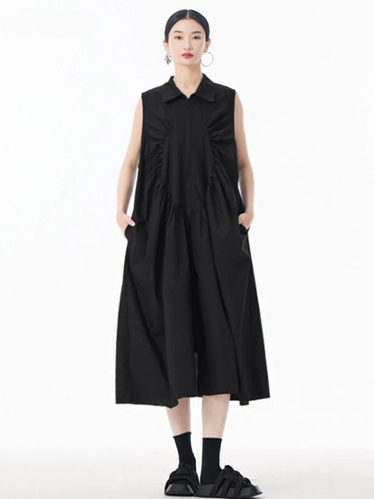 XITAO Pleated Zipper Turn-down Collar Dress Sleeveless A-line Patchwork Solid Color Simple Casual Summer Women Dress ZMY1051