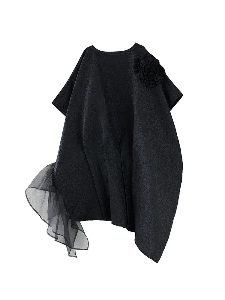 XITAO Gauze Patchwork Batwing Sleeve Dresses Asymmetrical Solid Color Three-dimensional Decoration Loose Dress Spring DMJ3845