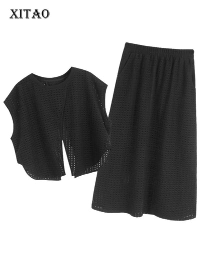 XITAO Hollow Out Asymmetric O-neck Women Sets Loose Solid Color Top Women A-line Simple Elastic Waist Casual Skirt HOO GYX1649