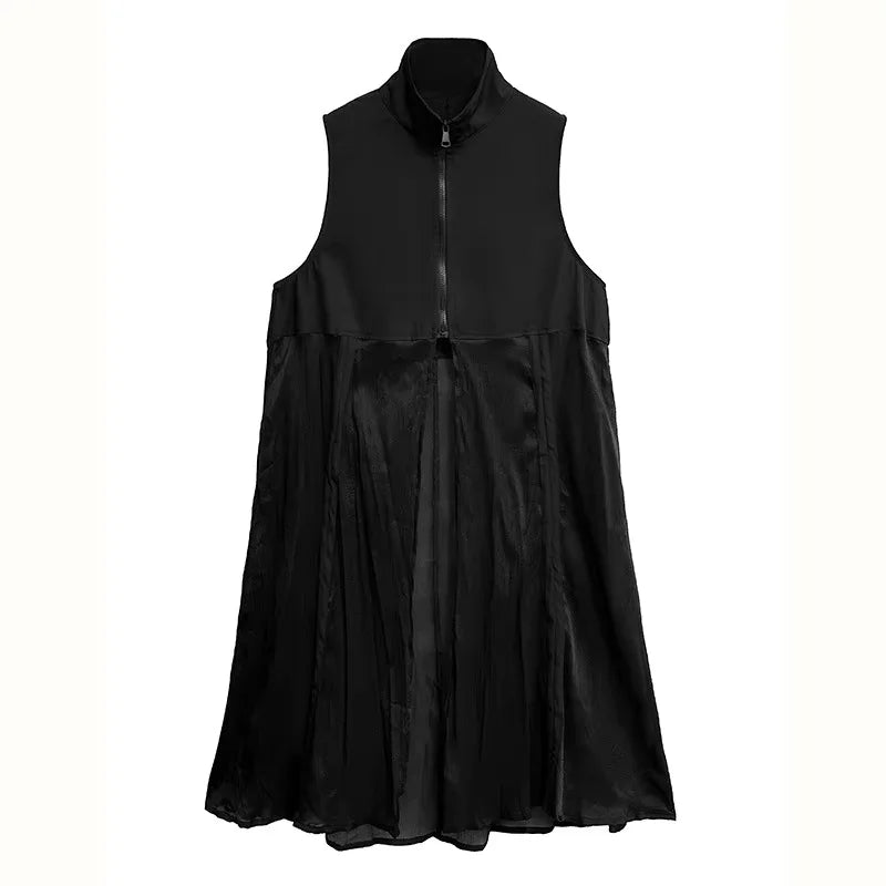 XITAO Patchwork Zipper Lapel Dress Casual Sleeveless New A-line Mid-calf Loose Turn-down Collar Spring Women Dress ZY8938
