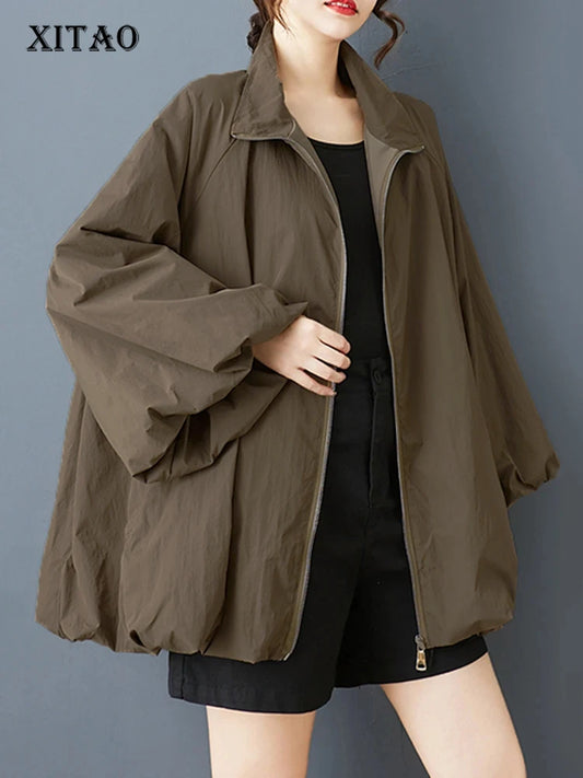 XITAO Solid Color Zipper Loose Jackets Stand Collar Full Sleeve All-match Pocket New Arrival Temperament Woman Jackets ZMY1405