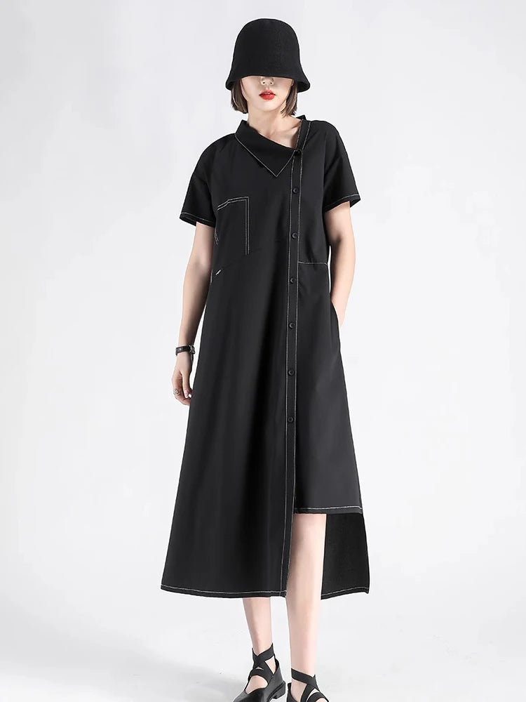 XITAO Asymmetrical Patchwork Pocket Dress Single Breasted Solid Color Short Sleeve Vintage Casual Match Slimming Dress ZMY1339