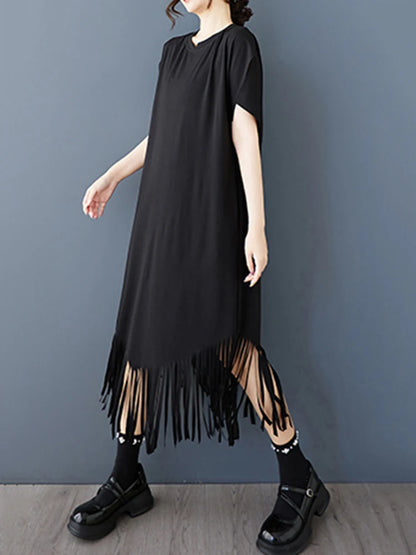 XITAO Asymmetrical Tassel Patchwork Women Dress Solid Color O-neck Pullover Short Sleeve Loose Mid-calf Casual Dress ZMY1170