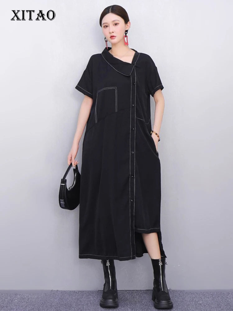 XITAO Irregular Single Breasted Dress Short Sleeve Vintage Loose Casual A-line Slimming Solid Color Summer Woman Dress ZMY1377