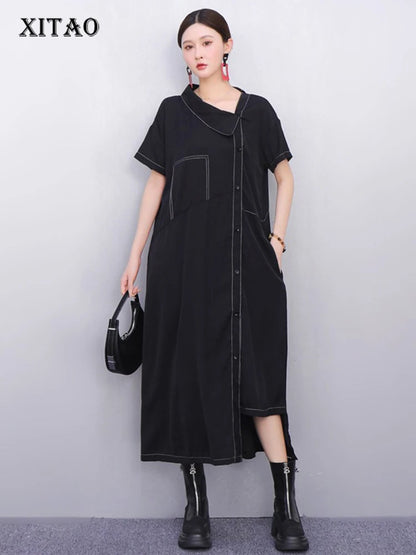 XITAO Irregular Single Breasted Dress Short Sleeve Vintage Loose Casual A-line Slimming Solid Color Summer Woman Dress ZMY1377