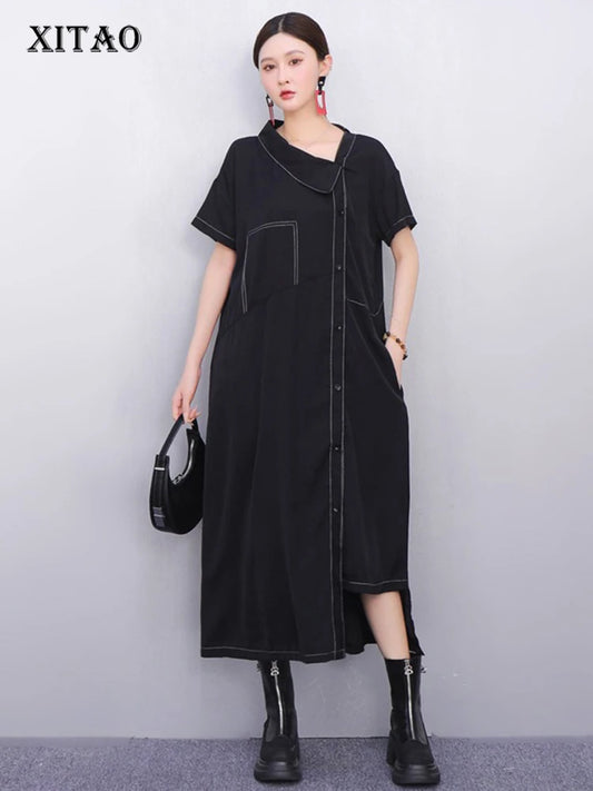 XITAO Irregular Single Breasted Dress Short Sleeve Vintage Loose Casual A-line Slimming Solid Color Summer Woman Dress ZMY1377