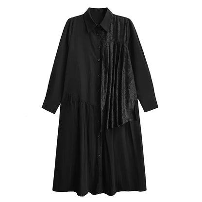 XITAO Patchwork Pleated Lapel Women Dress Casual Full Sleeve A-line Turn-down Collar Loose Slimming Spring Female Dress GYX1578
