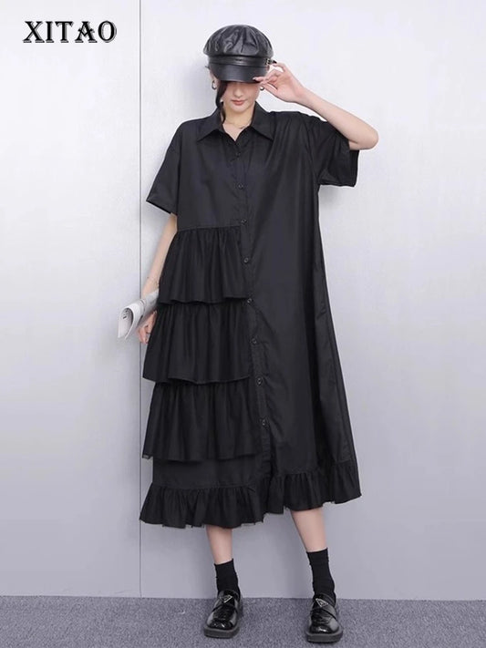 XITAO Patchwork Mesh Turn-down Collar Dress Single Breasted Pleated Short Sleeve Solid Color Fashion Summer Women Dress ZMY1200