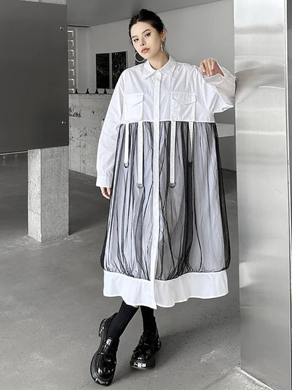 XITAO Casual Solid Color Patchwork Turn-down Collar Full Sleeve Dress Mid-calf Mesh Fashion Mesh Autumn Women Dress GMM1087