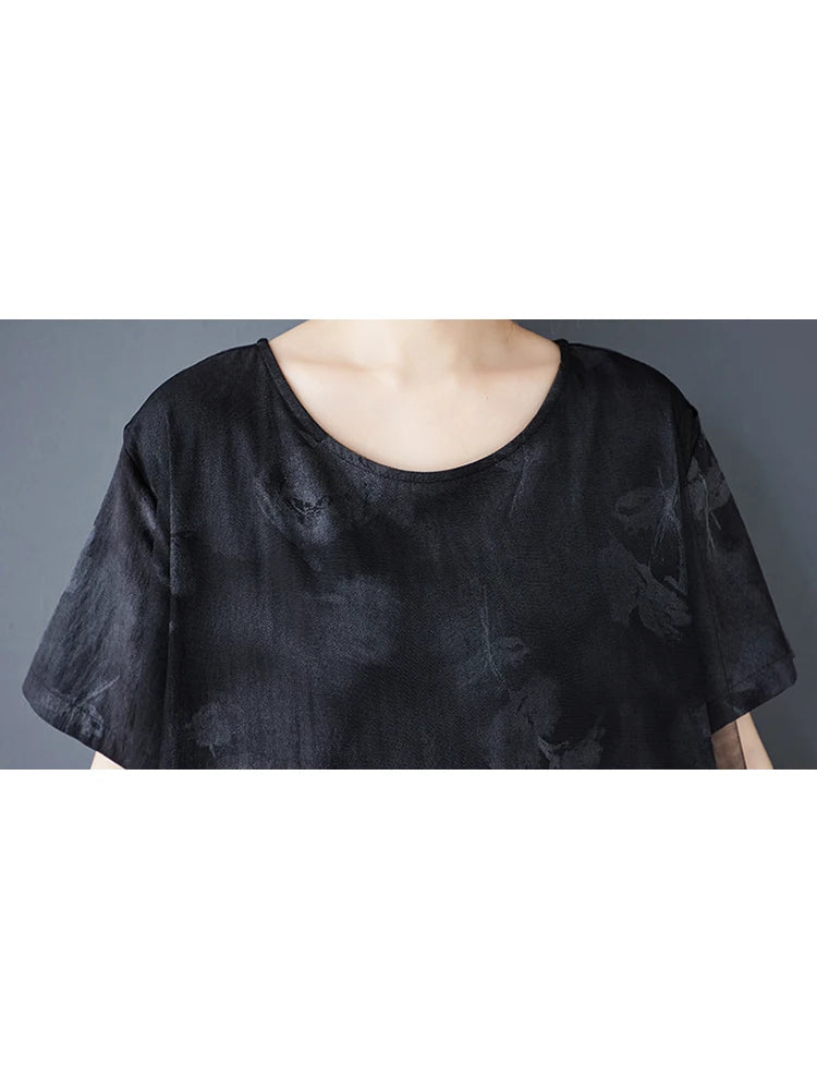 XITAO O-neck Mesh Patchwork Print Dress Loose Slimming Temperament Elegant Women Summer Short Sleeve Casual Dress HQQ2485