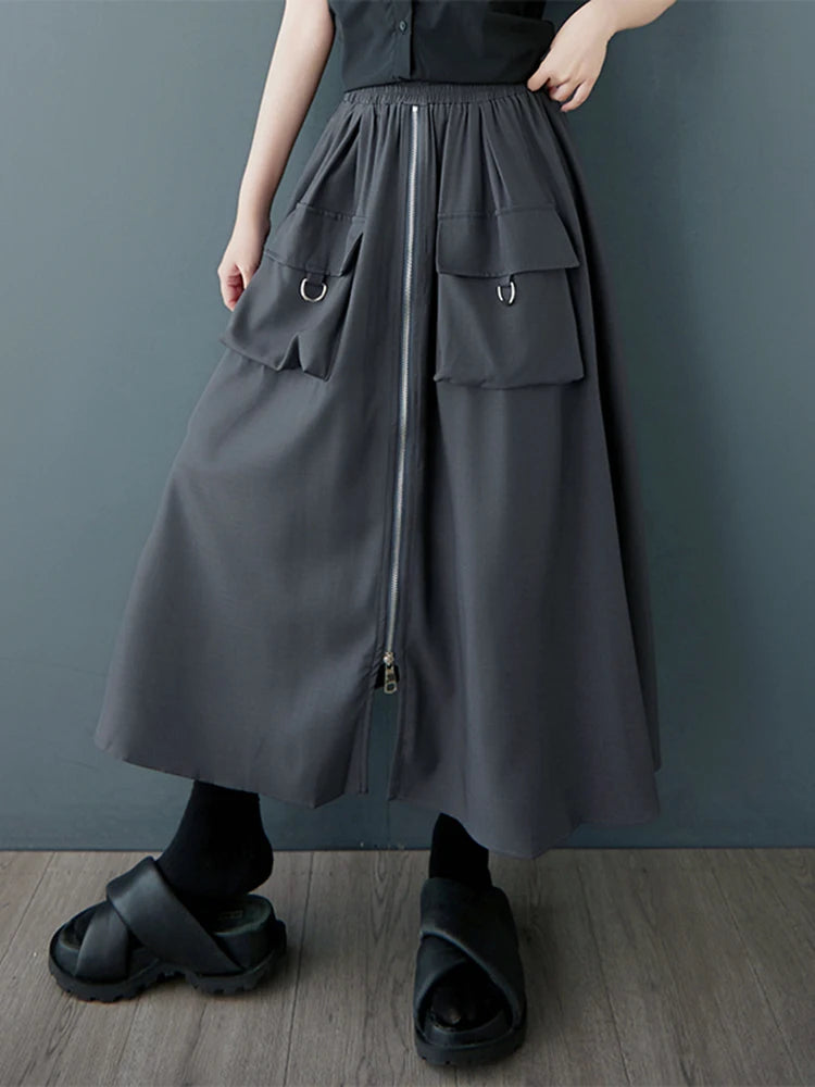 XITAO Zipper Pocket Patchwork Split Skirt Solid Color Elastic Waist Loose Mid-calf Casual Personality Slimming Skirt GYX1559