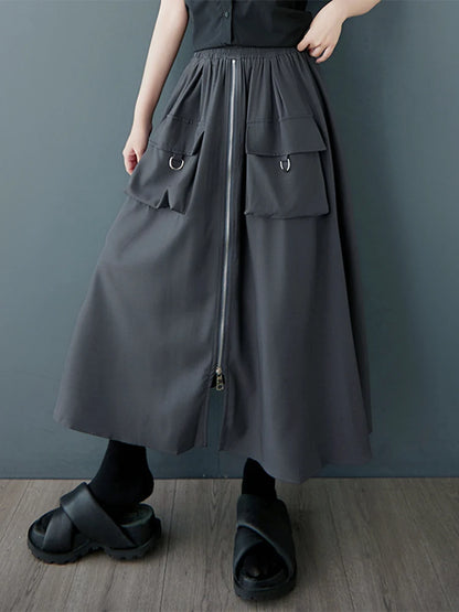 XITAO Zipper Pocket Patchwork Split Skirt Solid Color Elastic Waist Loose Mid-calf Casual Personality Slimming Skirt GYX1559