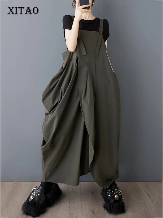 XITAO Irregular Pleated Straps Dress Casual Solid Color Loose Fitting Slimming Sleeveless Simple Button Women Dress ZMY1061