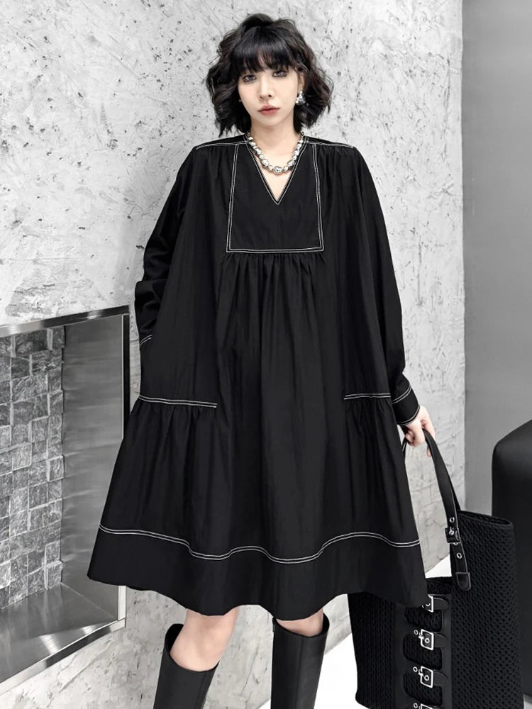 XITAO Loose V-neck Folds Female Dress Elegant Temperament A-line Women  Fashion Slimming Long Sleeve Pullover GMM1322