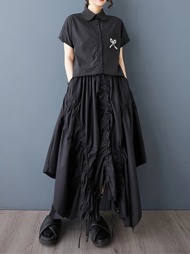 XITAO Shirring Bandage Asymmetrical Pocket Skirt Solid Color Patchwork Elastic Waist A-line Mid-calf Casual Slim Skirt HQQ2462