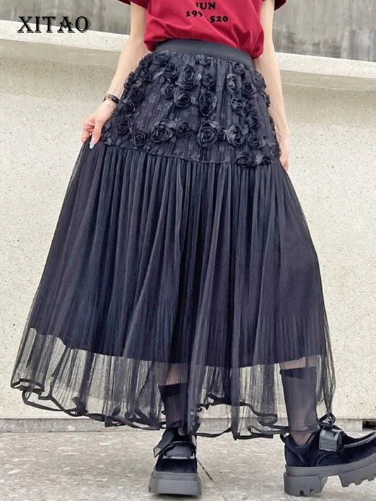 XITAO Flower Patchwork Lace Elastic Waist Skirt Casual A-line Fashion All Match Personality New Summer Female Skirt ZMY1142