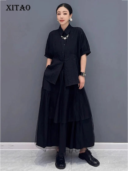 XITAO Mesh Patchwork Elastic Waist Matching Set Casual Solid Color Single Breasted Turn-down Collar New Women Set ZMY1139