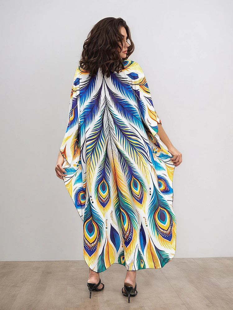 XITAO Bohemian Print V-neck Women Dress Casual Summer Pullover A-line Personality Cartoon Female Bat Sleeve Loose Dress GJ1210