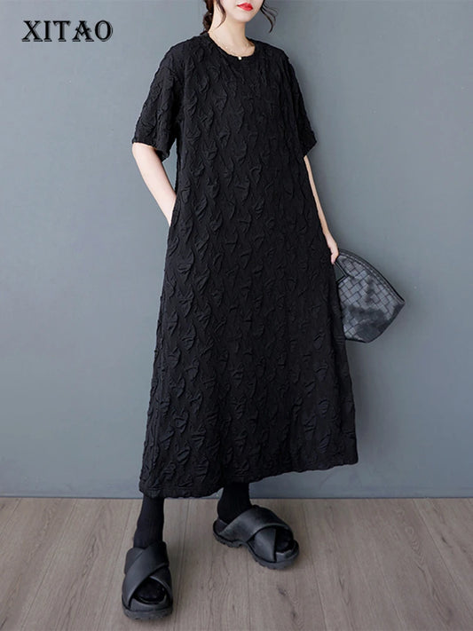 XITAO Jacquard O-neck A-line Dress Casual Solid Color Loose Fitting Literary Style Simple Texture Sensation Women Dress GYX1631