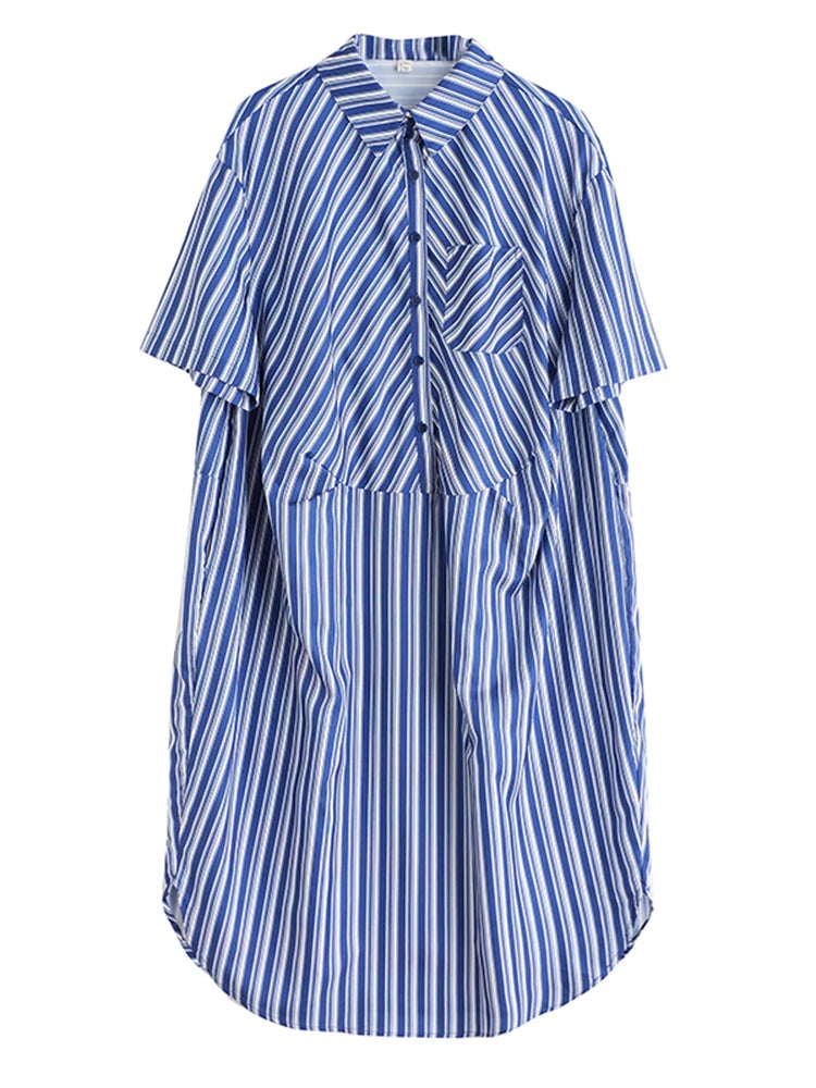 XITAO Patchwork Print Stripe Pullover Dress Turn-down Collar A-line Casual Half Sleeve Leisure New Summer Female Dress GYX1572