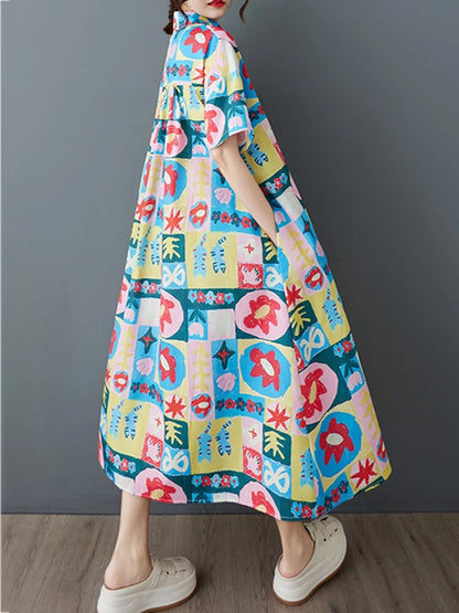 XITAO Print Flower Single Breasted Dress Turn-down Collar Casual New Korea Fashion A-line Short Sleeve Women Dress ZMY1133