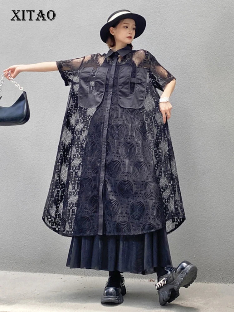 XITAO Lace Patchwork Single Breasted Dress Solid Color Turn-down Collar Short Sleeve Loose A-line Slim All Match Dress ZMY1190