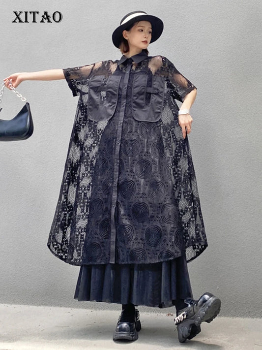 XITAO Lace Patchwork Single Breasted Dress Solid Color Turn-down Collar Short Sleeve Loose A-line Slim All Match Dress ZMY1190