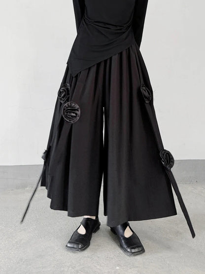 XITAO Three-dimensional Decoration Floral Pants Elastic Waist Loose Folds Patchwork Solid Color Pants 2024 Summer New ZY8654