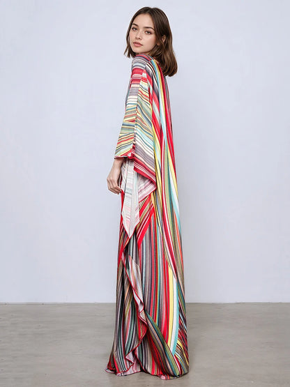 XITAO Print Contrast Color Dress Casual A-line Pullover Fashion V-neck Long Style New Batwing Sleeve Summer Women Dress GJ1149