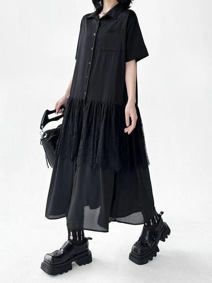 XITAO Lace Patchwork Gauze Single Breasted Dress Solid Color Turn-down Collar Short Sleeve Loose Women Slimming Dress ZMY1249