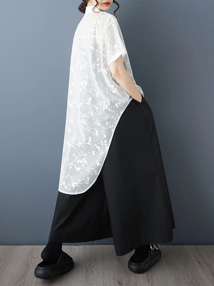 XITAO Asymmetrical Turn-down Collar Dress Single Breasted Solid Color A-line Patchwork Mesh New Summer Women Dress ZMY1360