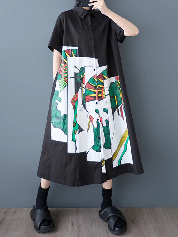 XITAO Patchwork Cartoon Print Dress Single Breasted Casual Short Sleeve Turn-down Collar Sweet New Summer Female Dress GJ1140