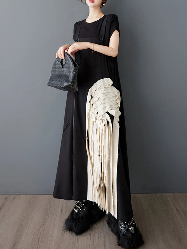 XITAO Asymmetrical Patchwork Flower Button Dress Contrast Color Loose Fitting Casual A-line Personality Women Dress ZMY1060