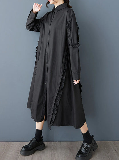 XITAO Edible Tree Fungus Patchwork Asymmetrical Dress Solid Color Single Breasted Turn-down Collar Loose Shirt Dress GYX1513