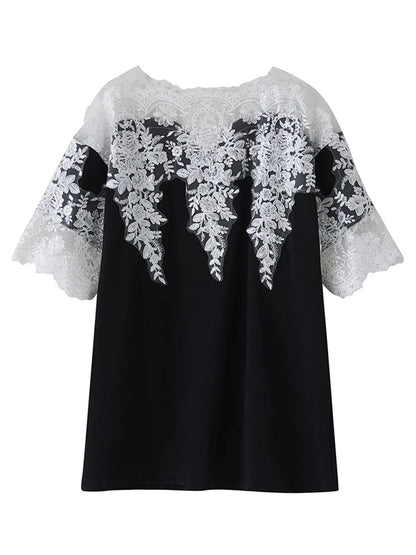 XITAO Lace Patchwork Contrast Color Dress O-neck Pullover Short Sleeve Loose Temperament All Match Vintage Casual Dress ZMY1246