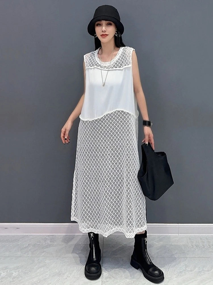 XITAO Hollow Out Patchwork Sleeveless Dress Casual Solid Color Simple A-line Fashion New Arrival Summer Women Dress ZMY1244