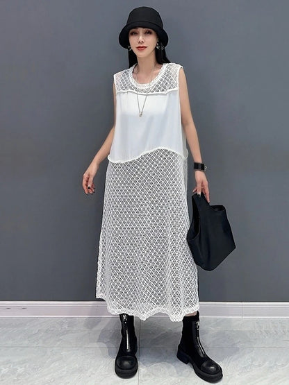 XITAO Hollow Out Patchwork Sleeveless Dress Casual Solid Color Simple A-line Fashion New Arrival Summer Women Dress ZMY1244