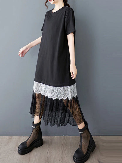 XITAO Gauze Patchwork Lace Contrast Color Pullover Dress O-neck Short Sleeve Loose A-line Mid-calf Casual T-shirt Dress HQQ2474