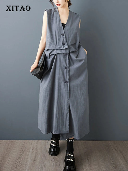 XITAO Solid Color Sleeveless Vintage Dress V-neck Irregular Single Breasted Loose Casual New Arrival Summer Woman Dress ZMY1384