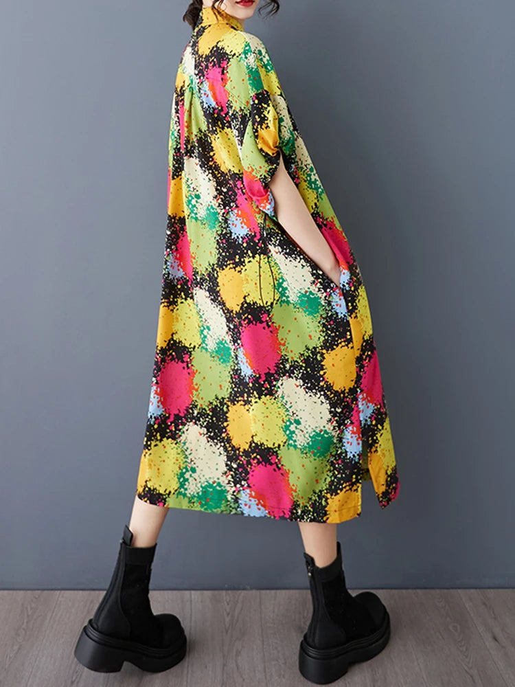 XITAO Print Shirring Pocket Turn-down Collar Dress Women Short Sleeve Loose Casual Temperament Slimming Shirt Dress GYX1616