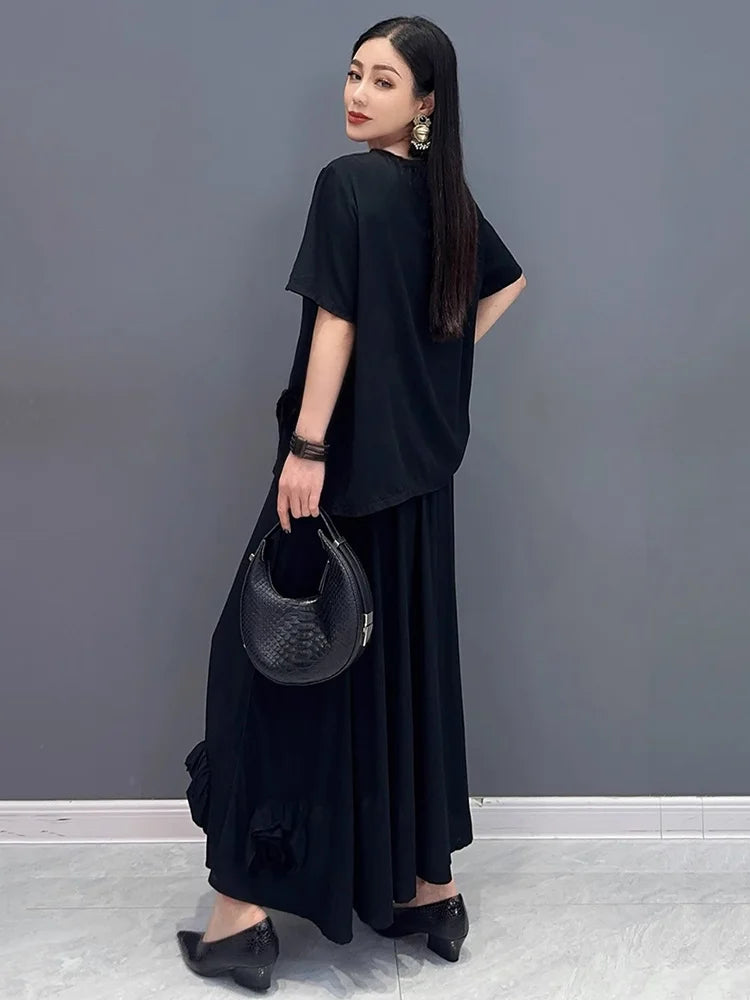 XITAO Casual Three-dimensional Flower Set Personality All-match Top Women Summer Loose Elastic Waist Big Hem Skirt ZMY1140
