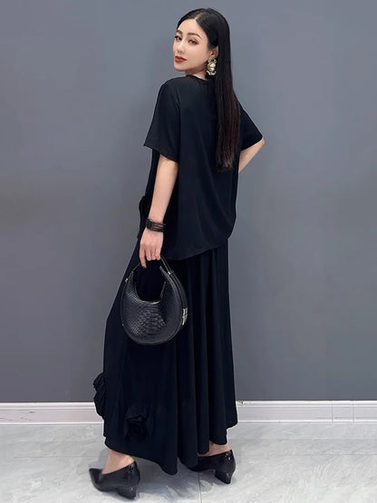 XITAO Casual Three-dimensional Flower Set Personality All-match Top Women Summer Loose Elastic Waist Big Hem Skirt ZMY1140