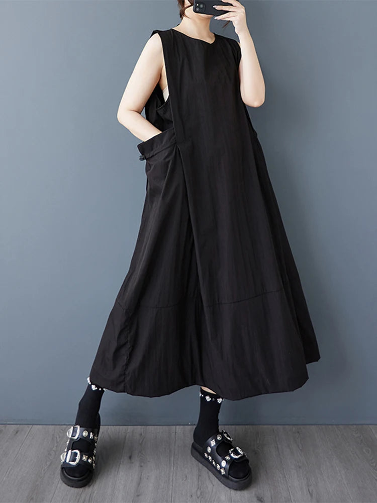 XITAO Drawstring Sleeveless O-neck Dress Casual A-line Loose Fitting Solid Color Simple New Arrival Summer Female Dress ZMY1199