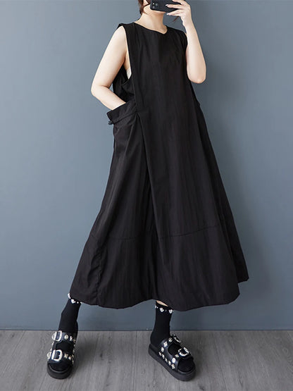 XITAO Drawstring Sleeveless O-neck Dress Casual A-line Loose Fitting Solid Color Simple New Arrival Summer Female Dress ZMY1199