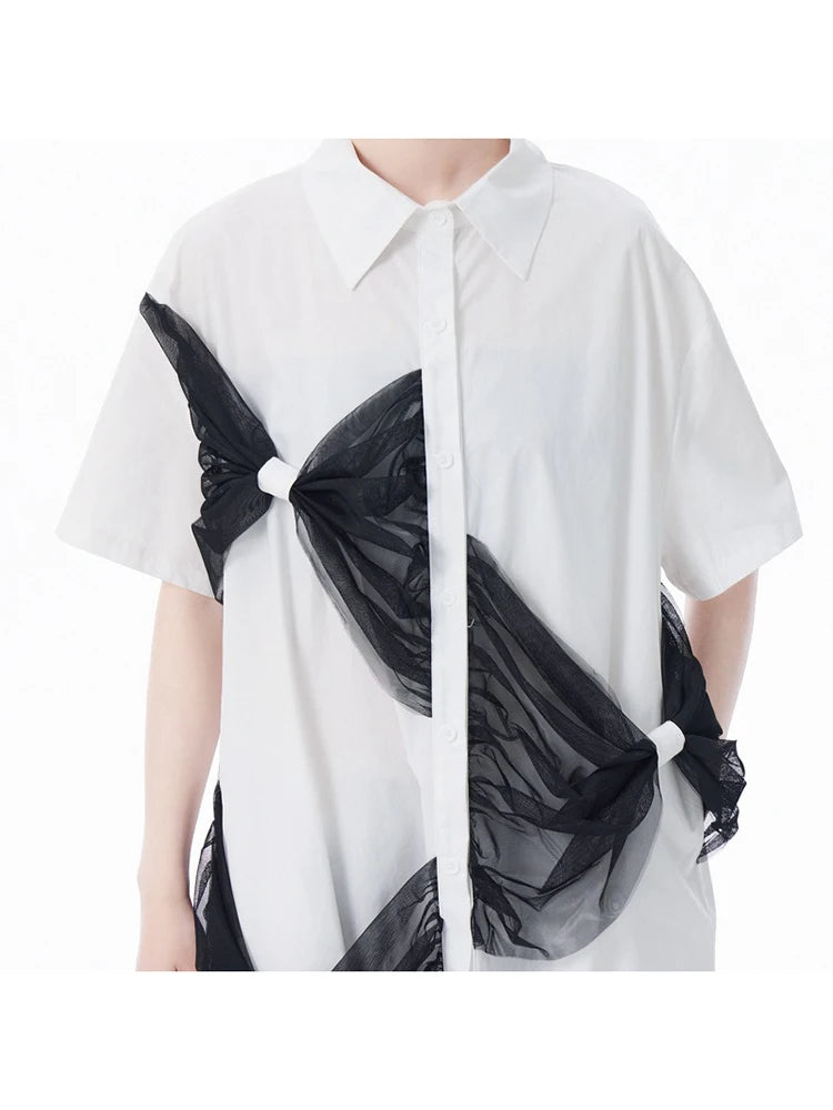 XITAO Patchwork Bow Mesh Female Shirt Dress Casual Simple Single Breasted Women Loose A-line Personality Street Dress HQQ2443